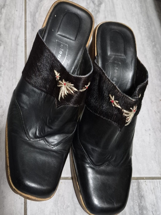 cloudwalkers Shoes - Cloudwalkers Planet Black Leather Mules Western Wooden-Heel Slip-On SZ 9M